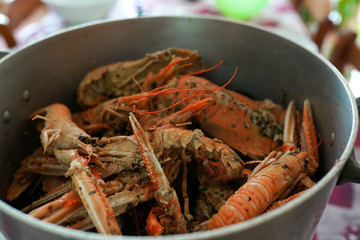 Luxury royal prawns roasted with variety of seafood in expensive restaurant. Mediterranean culture, traditional seafood in culinary