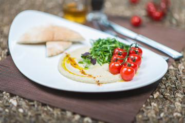 Traditional appetizer hummus with bread cakes, pita, on a plate with vegetables and sauce.