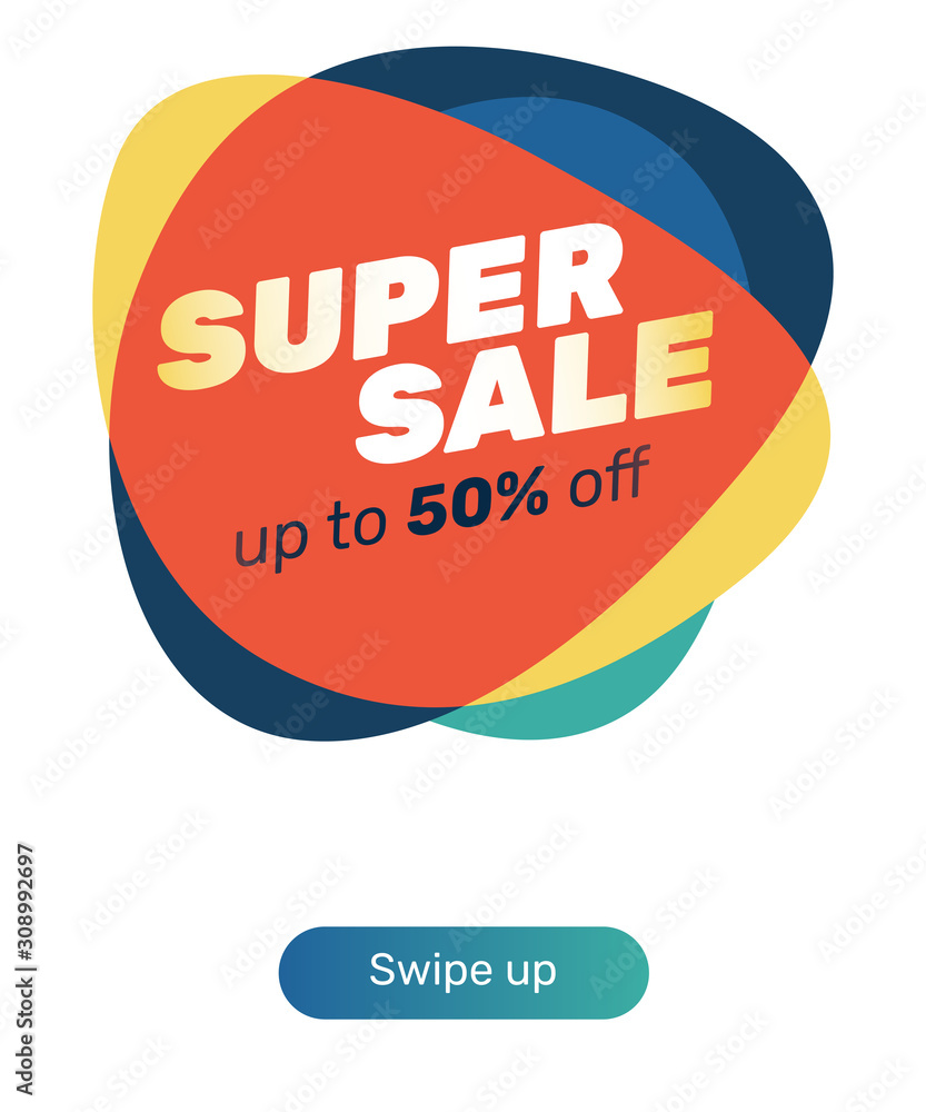 Poster flowing abstract elements for sale tag. flowing soft forms, triangular shapes, swipe button. contras