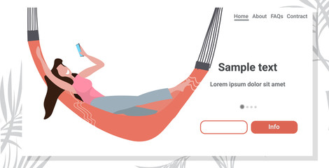 happy woman lying in hammock girl using smartphone relax concept full length horizontal copy space sketch vector illustration