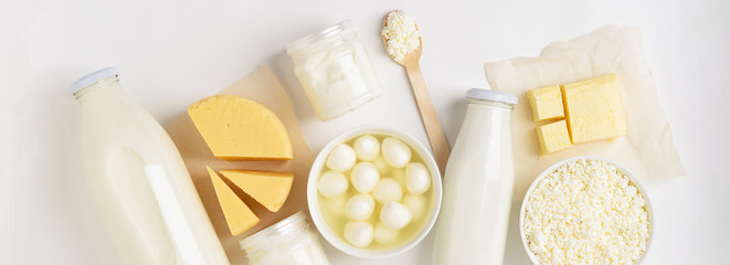 Dairy and fermented milk fermented organic products on a white background. Milk kefir yogurt butter cheese assortment.
