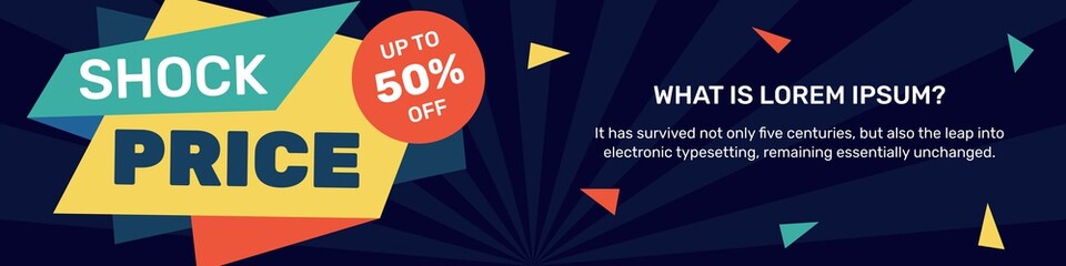Shock price up to 50 percent off banner with dark background. Sharp dynamical shapes, bright colors. Vector illustration for announcements, posters and site landing pages