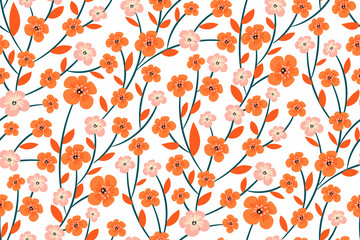 Beautiful floral print, rich orange and pastel flowers on a white background seamless pattern. Spring/summer Botanical texture, ornament. Vector design for fashion, fabric, book covers, magazines...