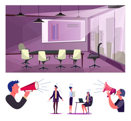 Clueless employees flat vector illustration set. Customers with megaphones shouting at confused office workers. Business problems concept