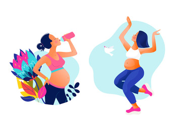Pregnant woman dancing and drinking water set. Active well fitted pregnant female character. Happy pregnancy. Yoga and sport for pregnant. Flat cartoon vector illustration