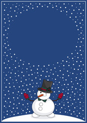 Snowman with hat and mittens on deep blue background with snowflake and copy space for text design. Christmas and Happy New Year greeting card with frame.