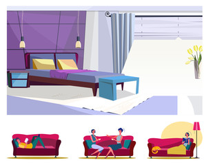 Leisure time at home flat vector illustration set. Single man, woman, female friends enjoying time on couch in living room. Relaxation, weekend concept