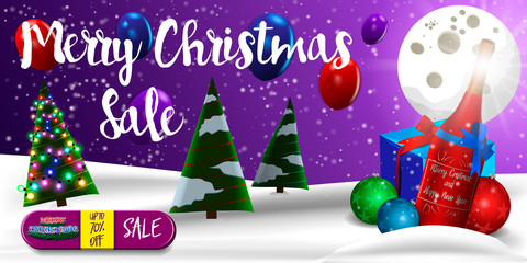 Christmas horizontal banner for your design, Christmas sale with Christmas tree, garland, moon, gifts on winter background, vector illustration