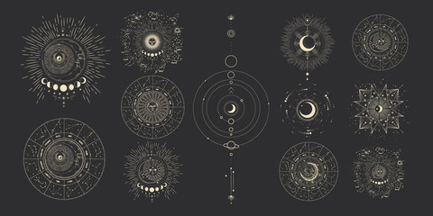 Vector illustration set of moon phases. Different stages of moonlight activity in vintage engraving style. Zodiac Signs - obrazy, fototapety, plakaty