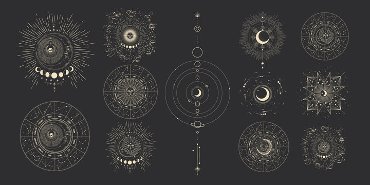 Vector illustration set of moon phases. Different stages of moonlight activity in vintage engraving style. Zodiac Signs
