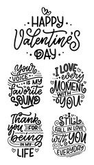 Set with slogans about love in beautiful style. Vector abstract lettering compositions. Trendy graphic design for prints and cards. Motivation posters. Calligraphy text for Valentine's Day.