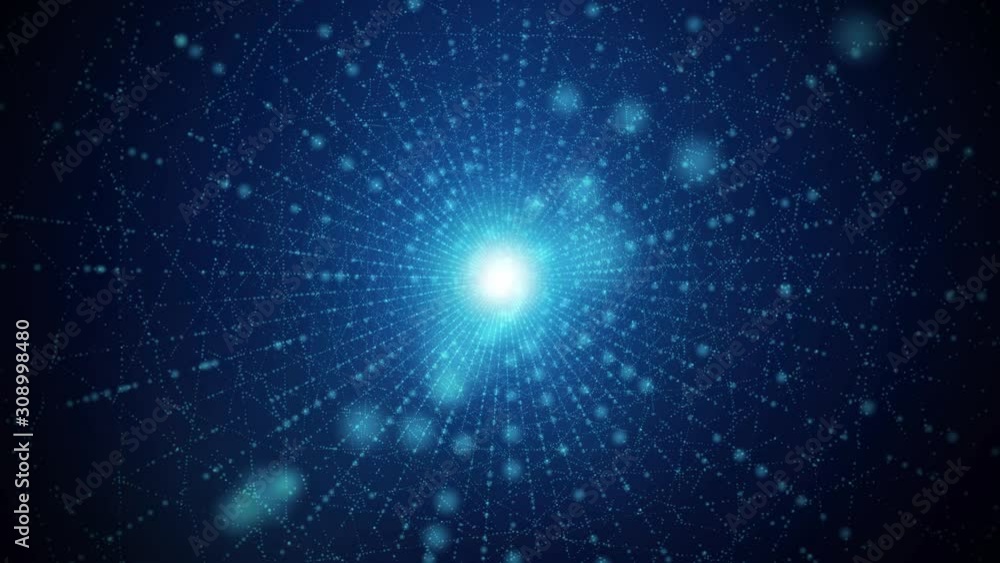 Poster abstract blue shining magic light beam with artistic lines and dots particles motion seamless loop