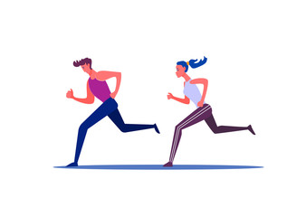 Cheerful couple of athletes running together. Young man and woman jogging in morning flat vector illustration. Sport and healthy lifestyle concepts for banner, website, landing page