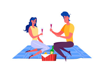 Happy couple having romantic picnic. Young man and woman with wine glasses sitting on blanket outdoors flat vector illustration. Love and romance concepts for banner, website, landing page