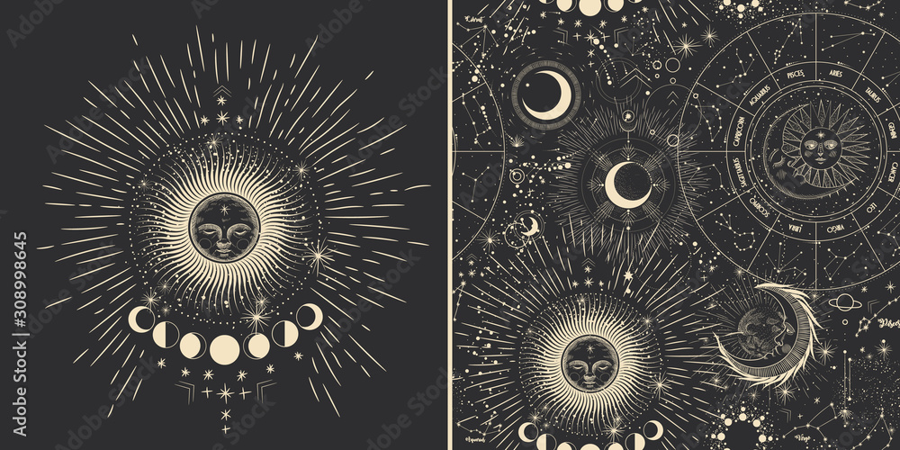 Wall mural vector illustration set of moon phases. different stages of moonlight activity in vintage engraving 