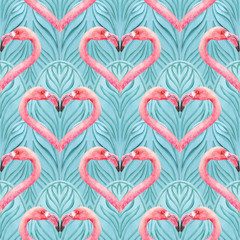 Oriental Seamless Blue Pattern with pink flamingo. Abstract background. Print for wrapping paper, textil, fabric, fashion, cards, wedding invitations