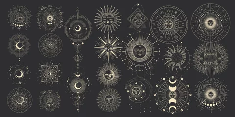 Deurstickers Vector illustration set of moon phases. Different stages of moonlight activity in vintage engraving style. Zodiac Signs © chikovnaya