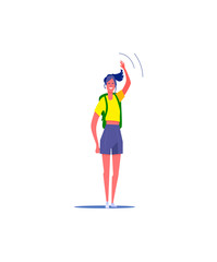 Smiling tourist with backpack waving hand. Casual person outdoors flat vector illustration. Activity, leisure, hobby concept for banner, website design or landing web page.
