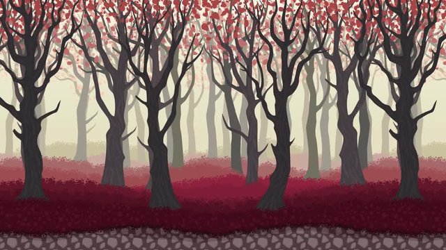 Parallax cartoon misterious forest landscape, nature vector illustration