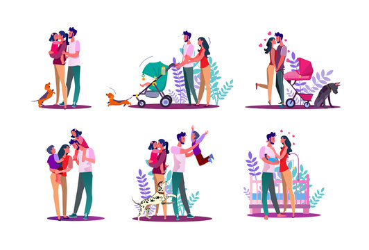 Happy family set. Couple with kids walking, enjoying time together. Flat vector illustrations. Family, love, lifestyle concept for banner, website design or landing web page