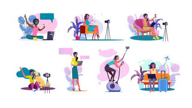 Video blogger set. Women posing and speaking for video camera on vacation, in gym, at home with laptop. Flat vector illustrations. Blogging concept for banner, website design or landing web page