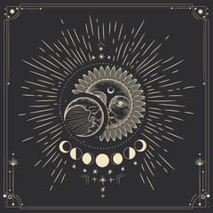 Fototapeta premium Vector illustration set of moon phases. Different stages of moonlight activity in vintage engraving style. Zodiac Signs