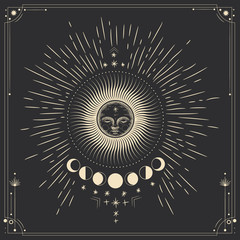 Fototapeta premium Vector illustration set of moon phases. Different stages of moonlight activity in vintage engraving style. Zodiac Signs