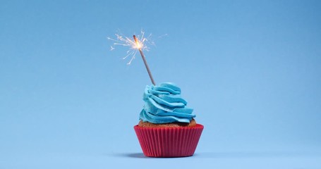Birthday cupcake with sparkler on light blue background - Powered by Adobe