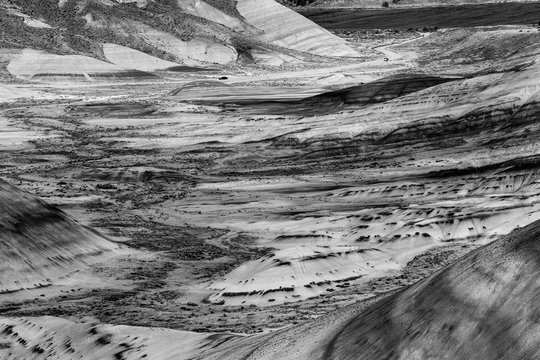 Black and white photograph of the arid landscape of Painted Hills