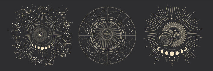 Vector illustration set of moon phases. Different stages of moonlight activity in vintage engraving style. Zodiac Signs