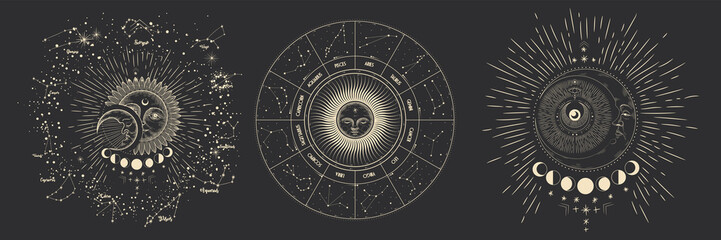 Vector illustration set of moon phases. Different stages of moonlight activity in vintage engraving style. Zodiac Signs