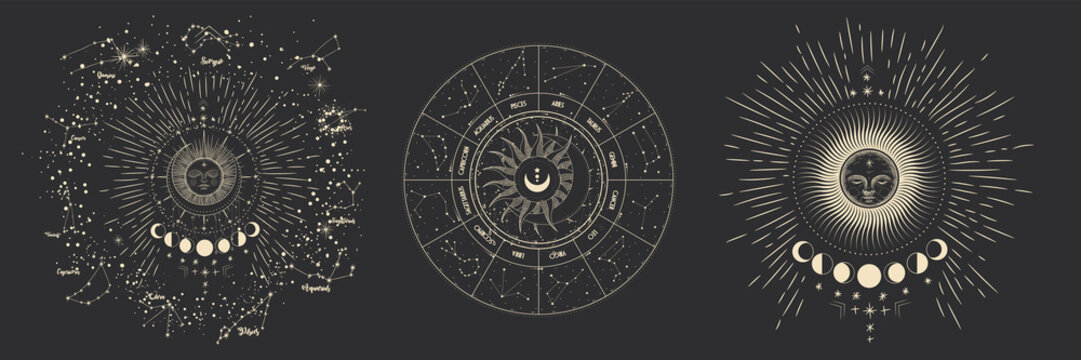 Vector illustration set of moon phases. Different stages of moonlight activity in vintage engraving style. Zodiac Signs