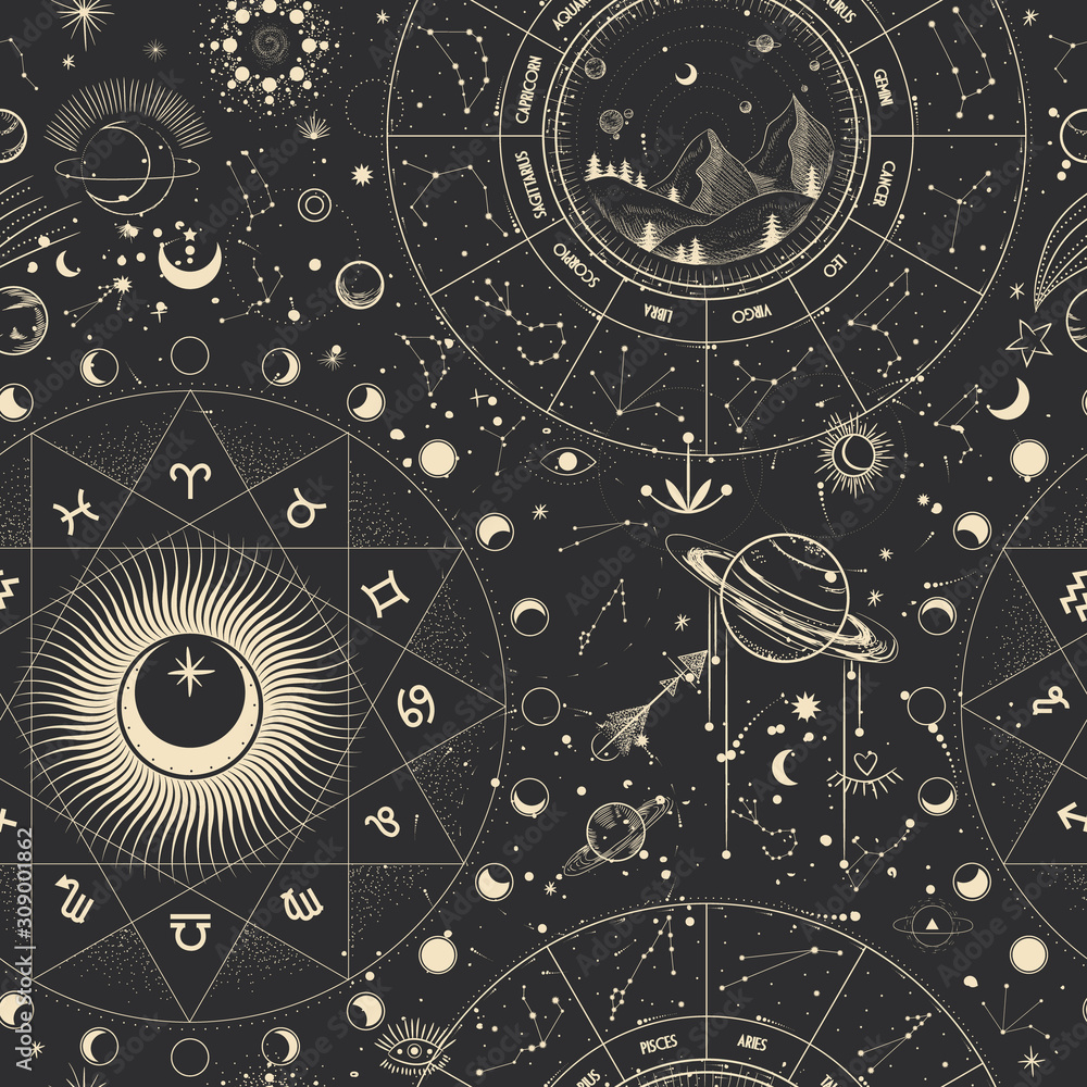 Wall mural vector illustration set of moon phases. different stages of moonlight activity in vintage engraving 