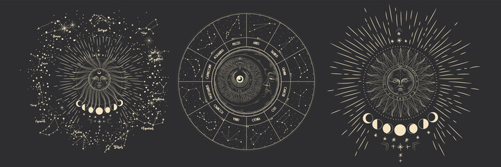 Vector illustration set of moon phases. Different stages of moonlight activity in vintage engraving style. Zodiac Signs