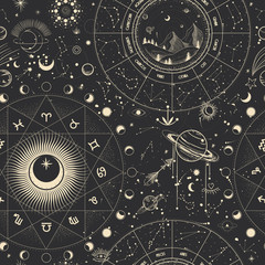 Vector illustration set of moon phases. Different stages of moonlight activity in vintage engraving style. Zodiac Signs © chikovnaya