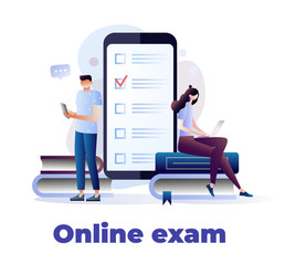 Students characters studying, thinking, writing university exam. School homework reading a test. Online exam, questionnaire form, online education, learning, survey, internet quiz. Vector illustration