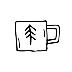 Coffee, tea cup vector doodle illustration. Hand drawn cup with christmas tree. Hot drinks. Dishes.