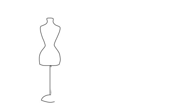 Self drawing line art sketch of fashion dummy with elegant clothes, undergarment. Line art, copy space, animation. White background.