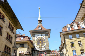 Fototapeta na wymiar Zytglogge, a landmark medieval tower in Bern, Switzerland. One of Bern's most recognizable symbols and the oldest monument of the city. 15th-century astronomical clock, a major tourist attraction