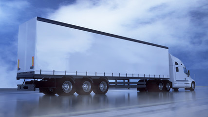 Obraz na płótnie Canvas Delivery truck on asphalt road highway. Photorealistic background. Transports, logistics concept. 3d rendering