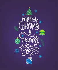 Merry Christmas and Happy new year greeting card. Cartoon style flat illustration