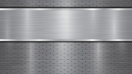 Obraz premium Background in gray colors, consisting of a metallic perforated surface with holes and a polished plate with metal texture, glares and shiny edges