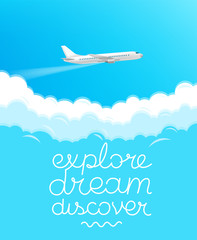 Modern aircraft flying in a sky. Travel concept with lettering inscription