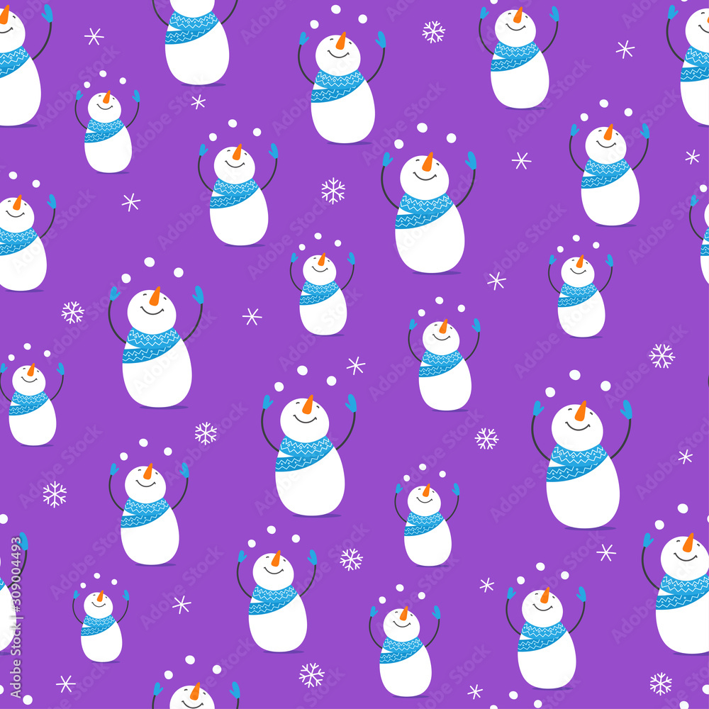 Poster winter holidays seamless background with snowmen. wrapping paper vector design