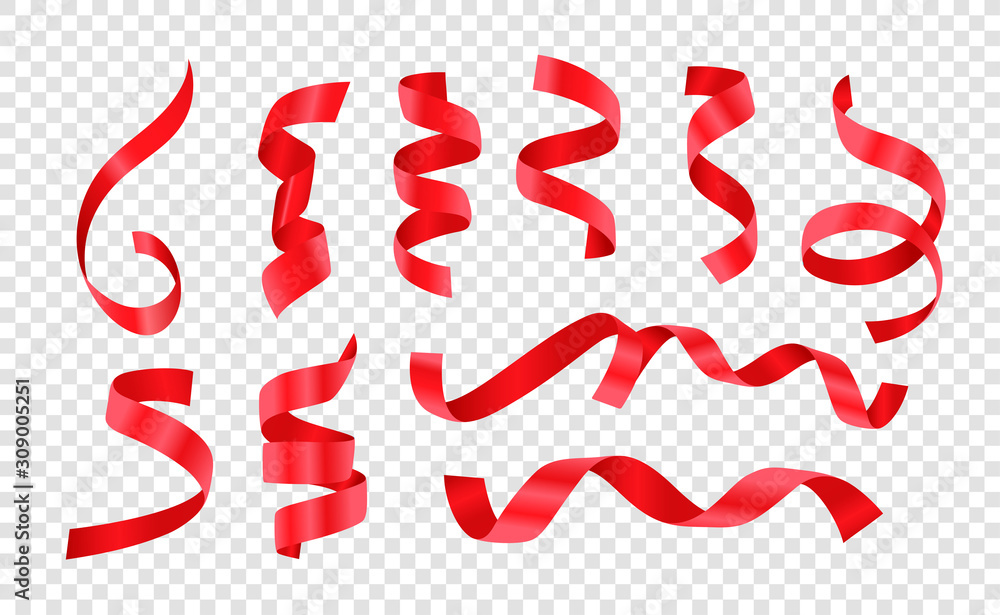 Poster Different curled red satin ribbons vector set isolated on transparent background