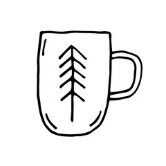 Coffee, tea cup vector doodle illustration. Hand drawn cup with christmas tree. Hot drinks. Dishes.