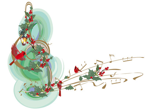 Winter music. Abstract treble clef decorated with snowflakes and notes, holly and birds. Vector illustration.