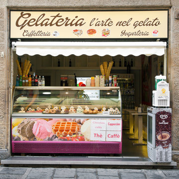 Street view of gelateria exterior, traditional Italian ice cream shop on 13 July, 2016 in Florence, Italy.