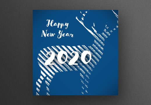 Happy New Year Card Layout with Deer Shape and Blue Accent