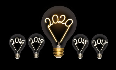 New Year Concept. Illustration of light bulbs with years 2020,2019, 2018 lit on solid black background.